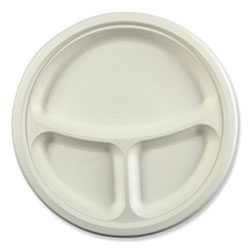 Amercare Bagasse PFAS-Free Dinnerware, 3-Compartment Plate, 10.24 in dia, White, 500/Carton