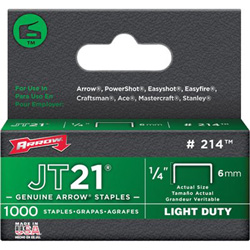 Arrow Fastener JT21® Type Staples, 1/4 in, 1000 per box