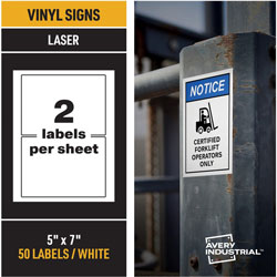 Avery Adhesive Printable Vinyl Signs, 5 in x 7 in Length, 2 / Sheet, 25 Total Sheets, 50 Labels