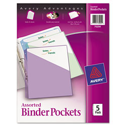 Avery Binder Pockets, 3-Hole Punched, 9 1/4 x 11, Assorted Colors, 5/Pack (AVE75254)