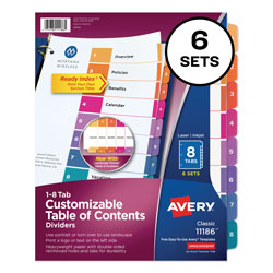 Avery Customizable TOC Ready Index Multicolor Dividers, 8-Tab, Letter, 6 Sets (AVE11186)
