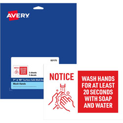 Avery Decal, inWash Hands For 20 Seconds,Wall,7 inX10 in ,5/Pk,We