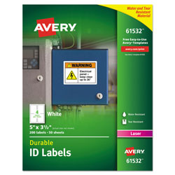 Avery Durable Permanent ID Labels with TrueBlock Technology, Laser Printers, 3.5 x 5, White, 4/Sheet, 50 Sheets/Pack