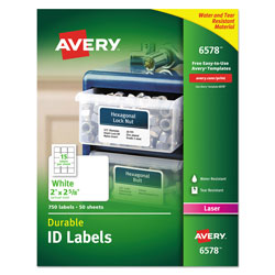Avery Durable Permanent ID Labels with TrueBlock Technology, Laser Printers, 2 x 2.63, White, 15/Sheet, 50 Sheets/Pack (AVE6578)