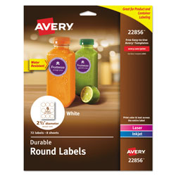 Avery Durable White ID Labels w/ Sure Feed, 2 1/2 in dia, White, 72/Pk