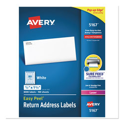 Avery Easy Peel White Address Labels w/ Sure Feed Technology, Laser Printers, 0.5 x 1.75, White, 80/Sheet, 100 Sheets/Box (AVE5167)