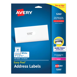 Avery Easy Peel White Address Labels w/ Sure Feed Technology, Laser Printers, 1 x 2.63, White, 30/Sheet, 25 Sheets/Pack (AVE5260)