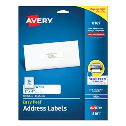 Avery Easy Peel White Address Labels w/ Sure Feed Technology, Inkjet Printers, 1 x 4, White, 20/Sheet, 25 Sheets/Pack (AVE8161)