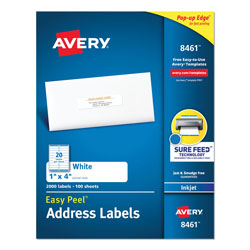 Avery Easy Peel White Address Labels w/ Sure Feed Technology, Inkjet Printers, 1 x 4, White, 20/Sheet, 100 Sheets/Box (AVE8461)