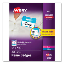 Avery Flexible Adhesive Name Badge Labels,  inHello in, 3 3/8 x 2 1/3, Assorted, 120/PK