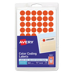 Avery Handwrite Only Self-Adhesive Removable Round Color-Coding Labels, 0.5 in dia., Neon Red, 60/Sheet, 14 Sheets/Pack