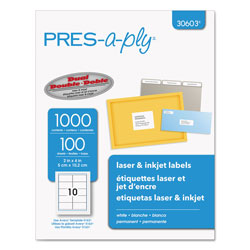Avery Labels, Laser Printers, 2 x 4, White, 10/Sheet, 100 Sheets/Box (AVE30603)