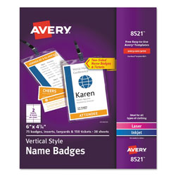 Avery Lanyard-Style Badge Holder w/Laser/Inkjet Inserts, Top Load, 4.25 x 6, WE, 75/PK