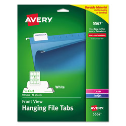 Avery Laser Printable Hanging File Tabs, 1/5-Cut Tabs, White, 2.06 in Wide, 90/Pack
