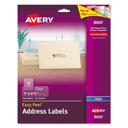 Avery Matte Clear Easy Peel Mailing Labels w/ Sure Feed Technology, Inkjet Printers, 1 x 2.63, Clear, 30/Sheet, 25 Sheets/Pack (AVE8660)