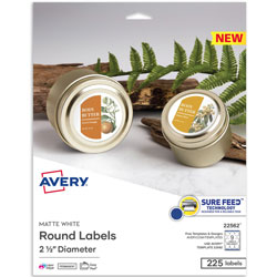 Avery Matte White Sure Feed Labels, 2 1/2 in Diameter, 9/Sheet, 25 Total Sheets, 225 Total Labels