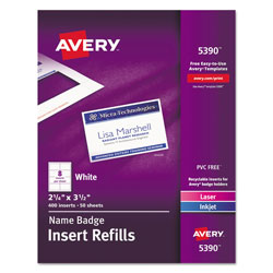 Avery Name Badge Insert Refills, Horizontal/Vertical, 2 1/4 x 3 1/2, White, 400/Box