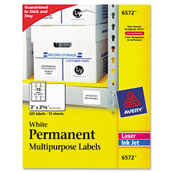 Avery Permanent ID Labels w/ Sure Feed Technology, Inkjet/Laser Printers, 2 x 2.63, White, 15/Sheet, 15 Sheets/Pack