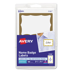 Avery Printable Adhesive Name Badges, 3.38 x 2.33, Gold Border, 100/Pack