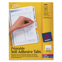 Avery Printable Plastic Tabs with Repositionable Adhesive, 1/5-Cut Tabs, White, 1.25 in Wide, 96/Pack