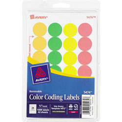 Avery Removable Labels, 3/4 in Round, FLGN/OR/RD/YW