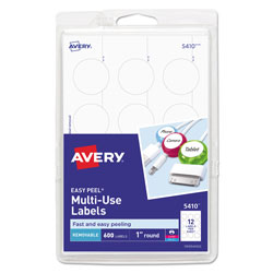 Avery Removable Multi-Use Labels, Inkjet/Laser Printers, 1" dia., White, 12/Sheet, 50 Sheets/Pack (AVE05410)