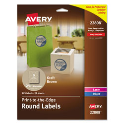 Avery Round Brown Kraft Print-to-the-Edge Labels, 2.5 in dia, 225/PK