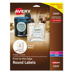 Avery Round Print-to-the Edge Labels with SureFeed, 2.5 in dia, Glossy White, 90/PK