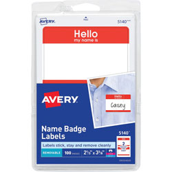 Avery Self Adhesive Name Badges,  in Hello,  in Red, 2 1/4 inx3 3/8 in, 100 Badges per Pack