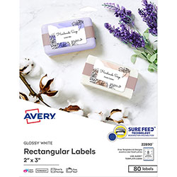 Avery Sure Feed Easy Peel Glossy Labels - 2 in, x 3 in Width - Permanent Adhesive - Rectangle - Gloss White - 8 / Sheet - 80 / Pack