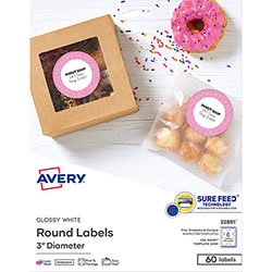 Avery Sure Feed Easy Peel Glossy Labels - 3 in Diameter - Permanent Adhesive - Round - Gloss White - 6 / Sheet - 60 / Pack