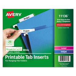 Avery Tabs Inserts For Hanging File Folders, 1/5-Cut Tabs, White, 2 in Wide, 100/Pack