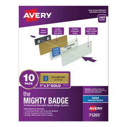 Avery The Mighty Badge Name Badge Holder Kit, Horizontal, 3 x 1, Inkjet, Gold, 10 Holders/ 80 Inserts