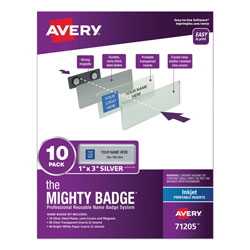 Avery The Mighty Badge Name Badge Holder Kit, Horizontal, 3 x 1, Inkjet, Silver, 10 Holders/ 80 Inserts