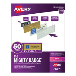 Avery The Mighty Badge Name Badge Holder Kit, Horizontal, 3 x 1, Laser, Gold, 50 Holders/120 Inserts