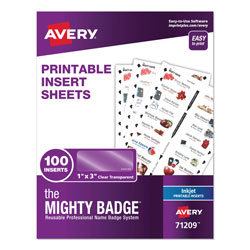 Avery The Mighty Badge Name Badge Inserts, 1 x 3, Clear, Inkjet, 20/Sheet, 5 Sheets/Pack