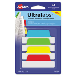Avery Ultra Tabs Repositionable Margin Tabs, 1/5-Cut Tabs, Assorted Primary Colors, 2.5 in Wide, 24/Pack