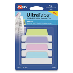 Avery Ultra Tabs Repositionable Margin Tabs, 1/5-Cut Tabs, Assorted Pastels, 2.5 in Wide, 48/Pack