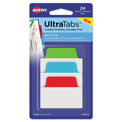 Avery Ultra Tabs Repositionable Standard Tabs, 1/5-Cut Tabs, Assorted Primary Colors, 2 in Wide, 24/Pack