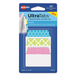 Avery Ultra Tabs Repositionable Standard Tabs, 1/5-Cut Tabs, Assorted Patterns, 2 in Wide, 24/Pack