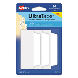 Avery Ultra Tabs Repositionable Wide Tabs, 1/3-Cut Tabs, White, 3 in Wide, 24/Pack