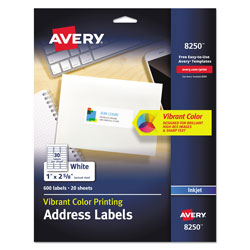 Avery Vibrant Inkjet Color-Print Labels w/ Sure Feed, 1 x 2 5/8, Matte White, 600/PK (AVE8250)