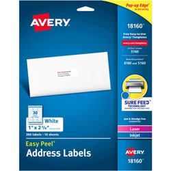 Avery White Ink Jet Mailing Labels, 1 inx2 5/8 in, 300 per Pack