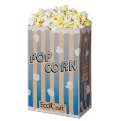 Bagcraft EcoCraft Grease-Resistant Popcorn Bags, 85 oz, 2-ply, 3.25 in x 8.63 in, Blue Stripe/Natural, 500/Carton