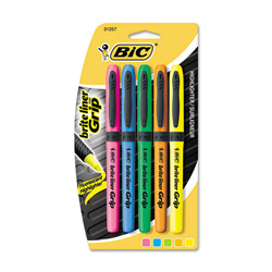 Bic Brite Liner Grip Pocket Highlighter , Chisel Tip, Assorted Colors, 5/Set