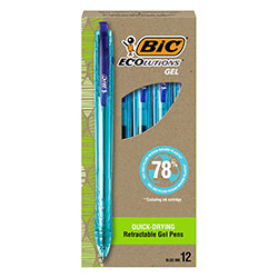 Bic Ecolutions Gel Pen, Retractable, Medium 1 mm, Blue Ink, Blue Barrel, Dozen