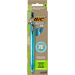 Bic Ecolutions Gel Pen, Retractable, Medium 1 mm, Black Ink, Blue Barrel, 4/Pack