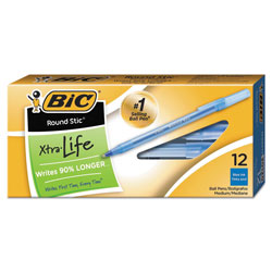 Bic Round Stic Xtra Life Stick Ballpoint Pen, 1mm, Blue Ink, Translucent Blue Barrel, Dozen (BICGSM11BE)