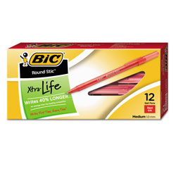 Bic Round Stic Xtra Life Stick Ballpoint Pen, 1mm, Red Ink, Translucent Red Barrel, Dozen (BICGSM11RD)