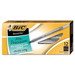 Bic Round Stic Xtra Precision Stick Ballpoint Pen, 0.8mm, Black Ink, Smoke Barrel, Dozen (BICGSF11BK)